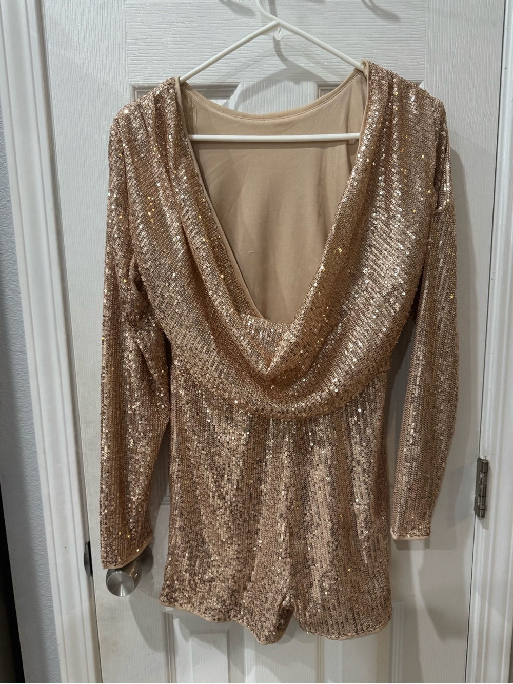 Sequin Draped-Back Romper in Rose Gold